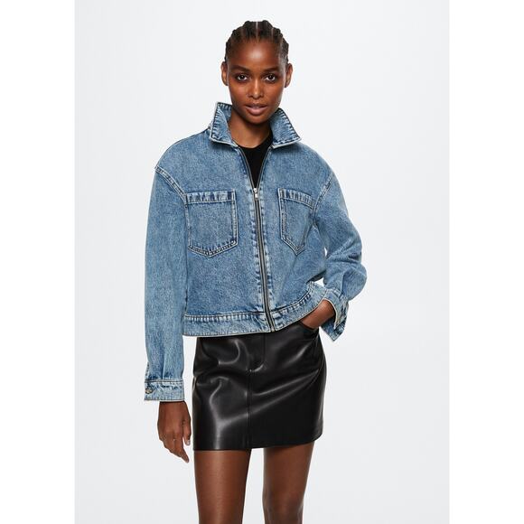 MNG Women's Blue Zip Up Collar Long Sleeve Medium Wash Jeans Denim Coat Jacket S - Picture 1 of 12